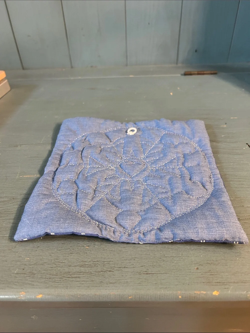 Handcrafted Blue Quilted Pot Holder with Heart Medallion | Farmhouse/Country 8x8